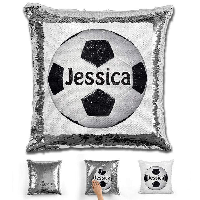 Soccer Personalized Magic Sequin Pillow Pillow GLAM Silver Black 