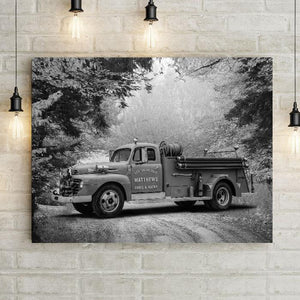 Black and White Custom Canvas Print Vintage Fire Truck Art