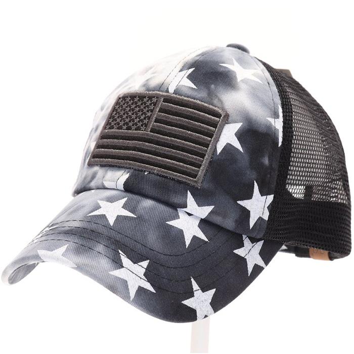 Tie Dye Star Print with USA Flag Patch Criss Cross High Pony CC Ball Cap Hat