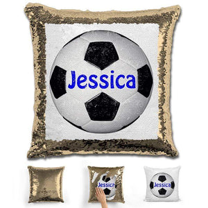 Soccer Personalized Magic Sequin Pillow Pillow GLAM Gold Dark Blue 