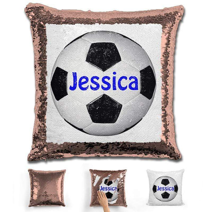 Soccer Personalized Magic Sequin Pillow Pillow GLAM Rose Gold Dark Blue 