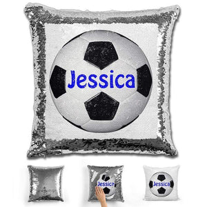 Soccer Personalized Magic Sequin Pillow Pillow GLAM Silver Dark Blue 