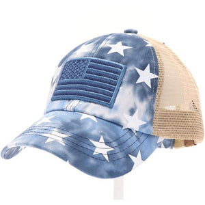 Tie Dye Star Print with USA Flag Patch Criss Cross High Pony CC Ball Cap Hat