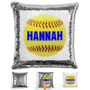 Softball Personalized Magic Sequin Pillow Pillow GLAM Silver Blue 