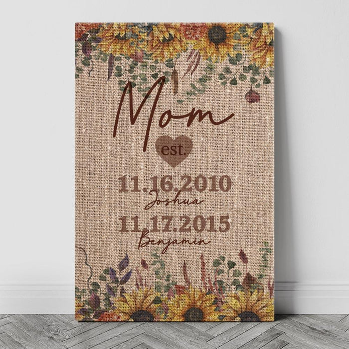 Personalized Mom Established Family Name Canvas - Burlap & Sunflower Canvas Wall Art