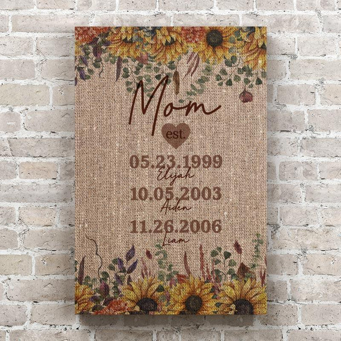 Personalized Mom Established Family Name Canvas - Burlap & Sunflower Canvas Wall Art