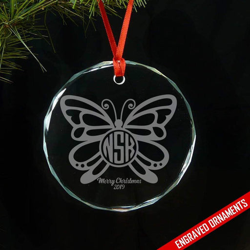 Butterfly CUSTOM Monogram Engraved Glass Ornament ZLAZER Circle Ornament 