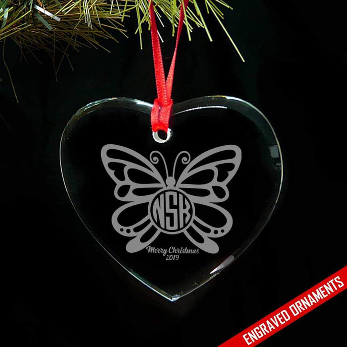 Butterfly CUSTOM Monogram Engraved Glass Ornament ZLAZER Heart Ornament 