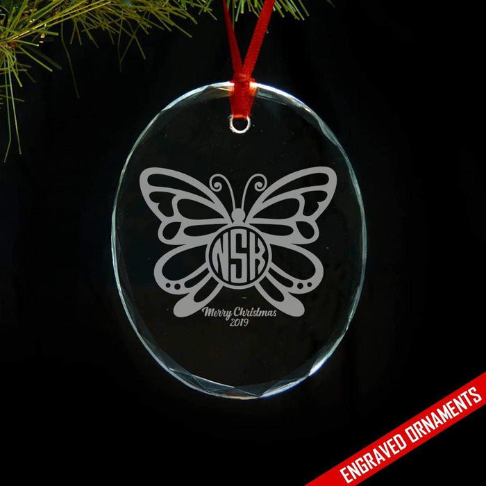 Butterfly CUSTOM Monogram Engraved Glass Ornament ZLAZER Oval Ornament 