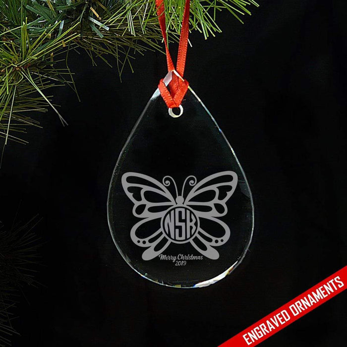 Butterfly CUSTOM Monogram Engraved Glass Ornament ZLAZER Tear Drop Ornament 