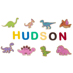 Toddlers Wooden Custom Name Puzzle With 8 Dinosaurs and Their Names.
