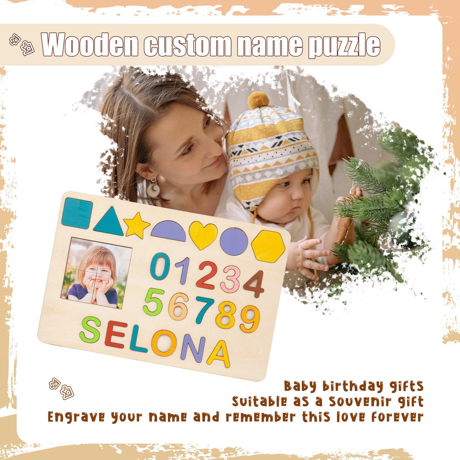 Custom Wooden Photo Name Puzzle With Numbers and Shapes