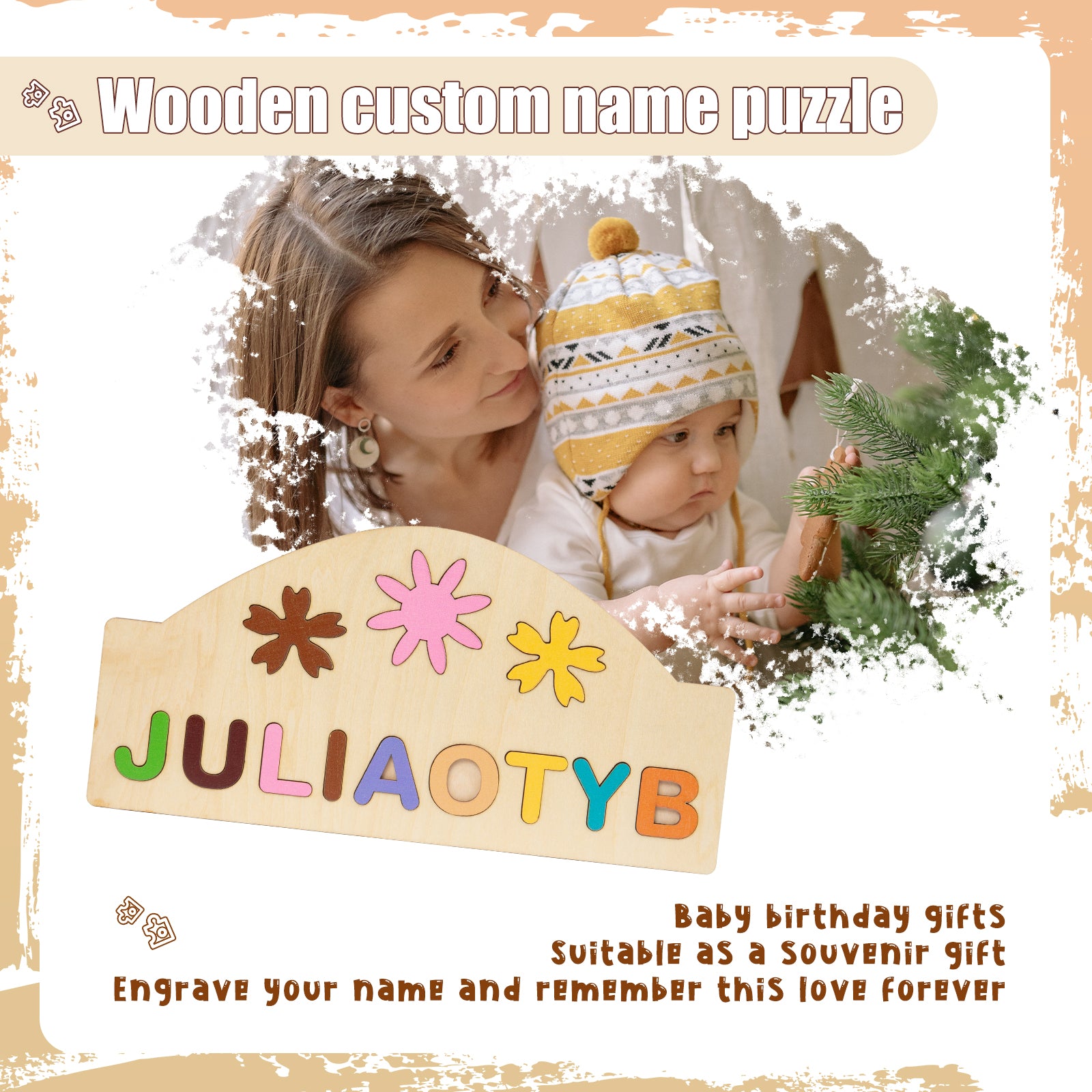 Custom Wooden Name Puzzle With 3 Wooden Flowers