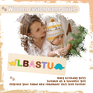 Custom Name Puzzle, Personalized With 2 Wooden Dinosaurs