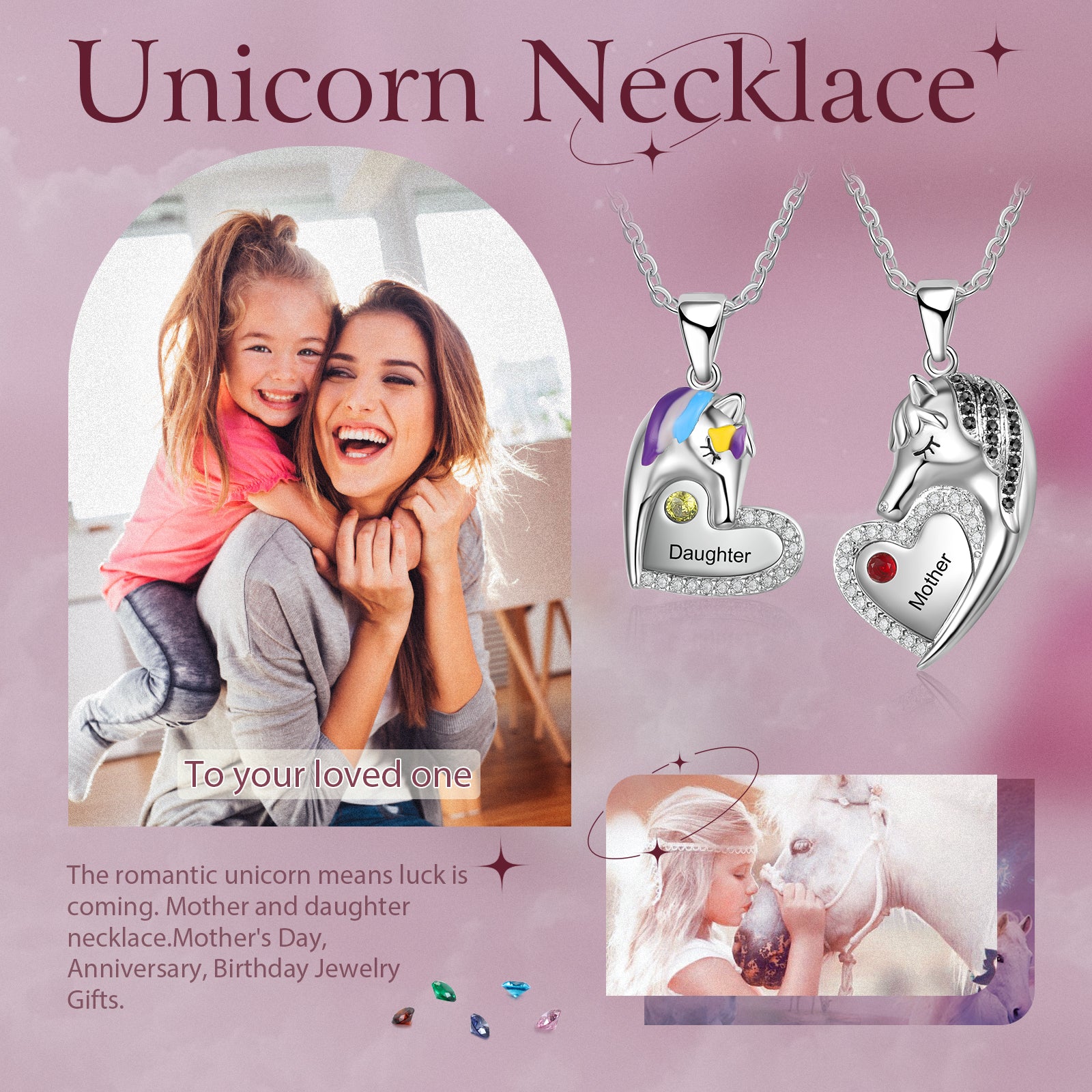 Custom Mother Daughter Birthstones and Names Matching Heart Unicorn/Heart Necklace