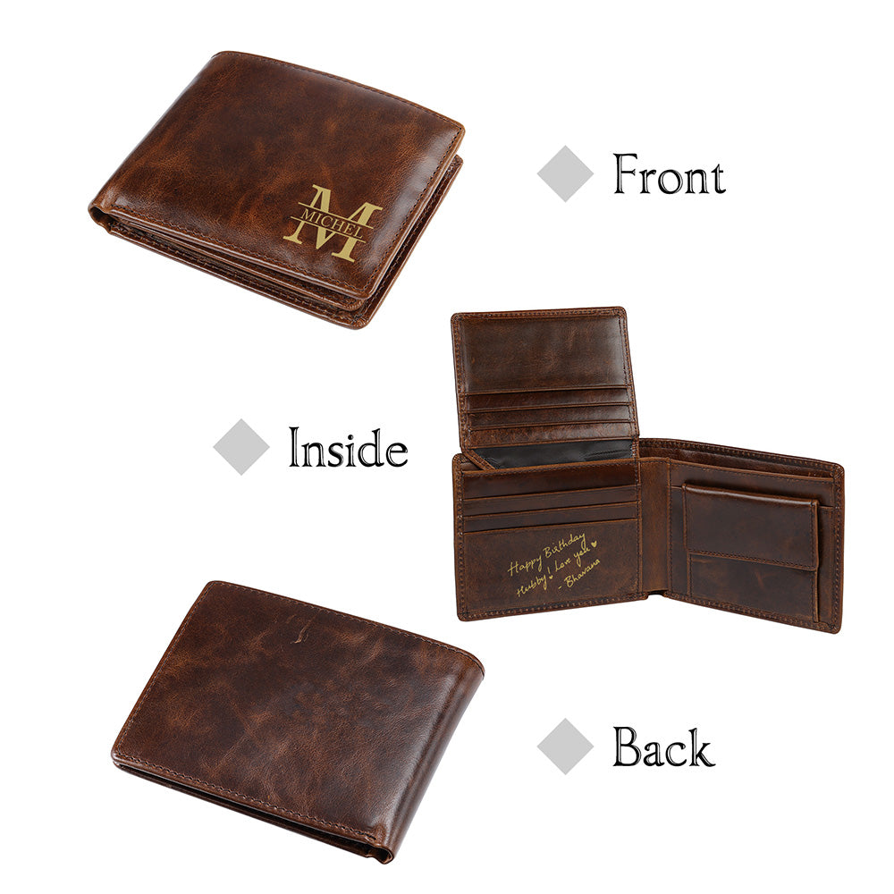 Personalized, Leather Wallet with Name, Brown 