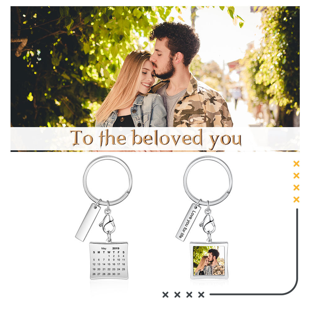 Personalized Custom Photo, Engraved Message Bar and Special Date Calendar Keychains