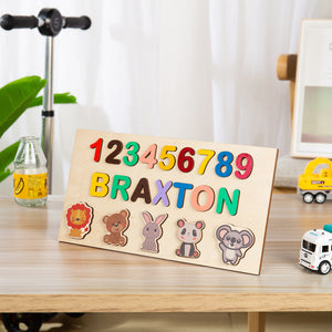 Name Puzzle With Animals, Busy Board, Wooden Name with Numbers