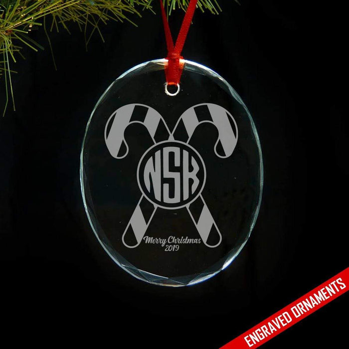 Candy Cane CUSTOM Monogram Engraved Glass Ornament ZLAZER Oval Ornament 