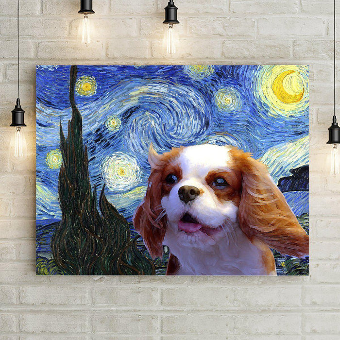 Starry Night Canvas Wall Art Print with Gallery-Style 1 1/2" frame with oil painted Cavalier dog. Best gifts for Cavalier King Charles Spaniel Lovers and Dog Moms.