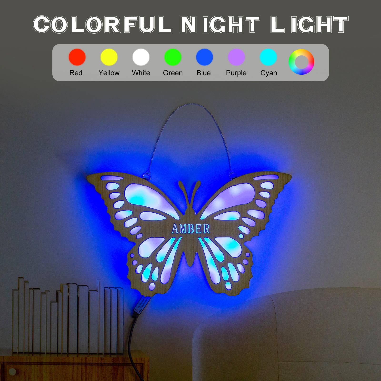 Personalized Hanging Wooden Cute Butterfly with Name Decor Night Light