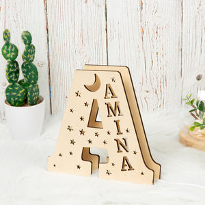 Personalized Letter Night Light Custom Name Moon and Star Family Wall Light