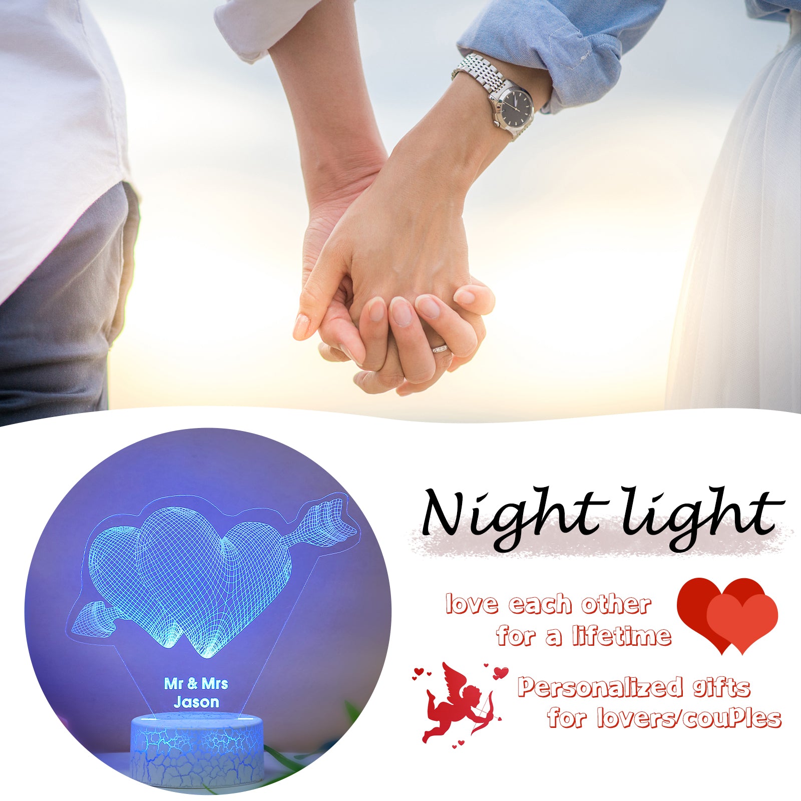 Custom Double Heart and Arrow Heart Night Light and Color Changing Base