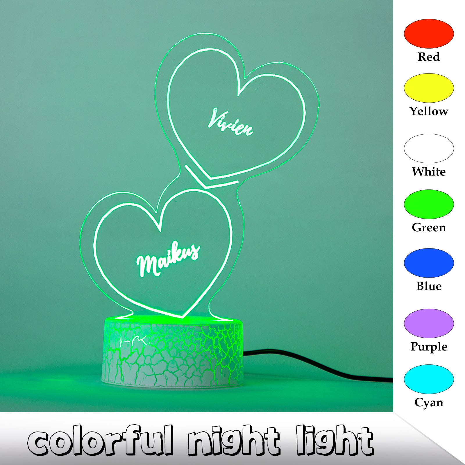 Custom Name Double Heart Night Light With Color Changing Base