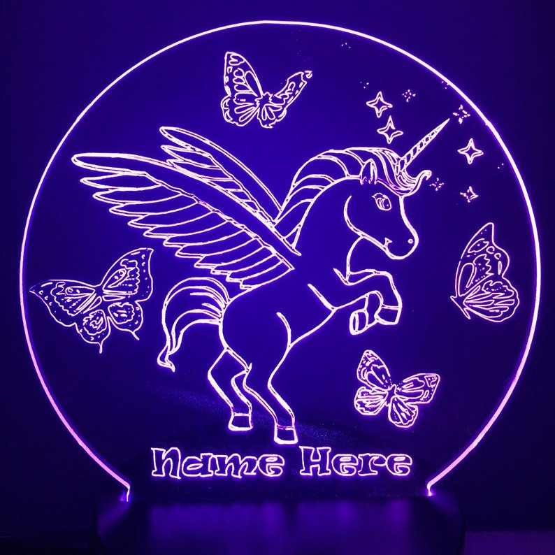 Personalized Round Name Unicorn and Butterfly Night Light