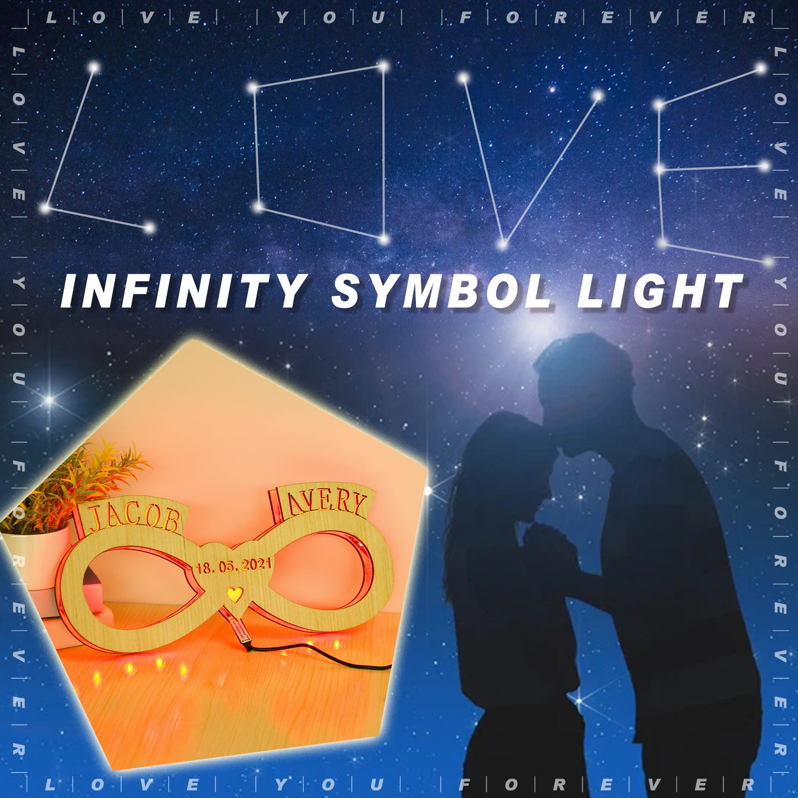 Infinity Love Engraved Wooden Personalized Name Sign Light