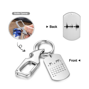 Custom Calendar Keychain, Dog Tag Keyring, Special date & Soundwave Engraved Key Chain with Steel Carabiner