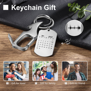 Custom Calendar Keychain, Dog Tag Keyring, Special date & Soundwave Engraved Key Chain with Steel Carabiner