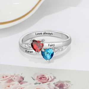 Personalized 2 Birthstones True Hearts  Ring With 2 Engraved Names and Personal Message