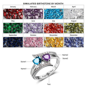 Personalized 2 Stone Vintage Looking Heart Birthstones With Engraved Names and Inside Bands