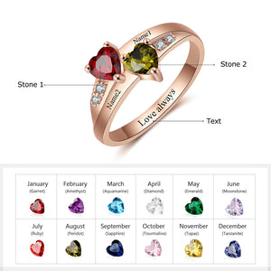 Personalized 2 Birthstones True Hearts  Ring With 2 Engraved Names and Personal Message