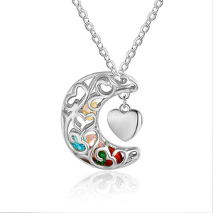 925 Sterling Silver Caged Moon Pendant Necklace Personalized with 6 Birthstones and 1 Engraved Phrase