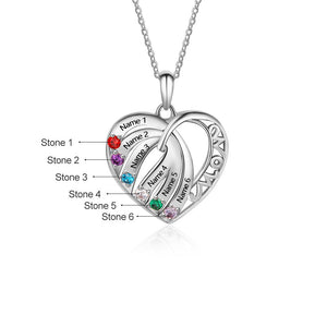 S925 Custom Names Six Colorful Birthstones Heart Shape Pendant Necklace
