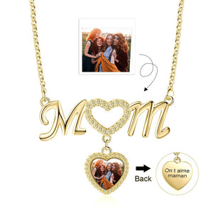 Personalized Photo MOM Necklace with Name Custom Engraved On Back Of Heart Charms Add Up to 5 Charms