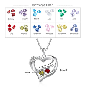 Birthstone Heart Necklace with Names or Engraved Text - 2 Lines of Custom Personalized Text - adjustable 18" to 20" inches