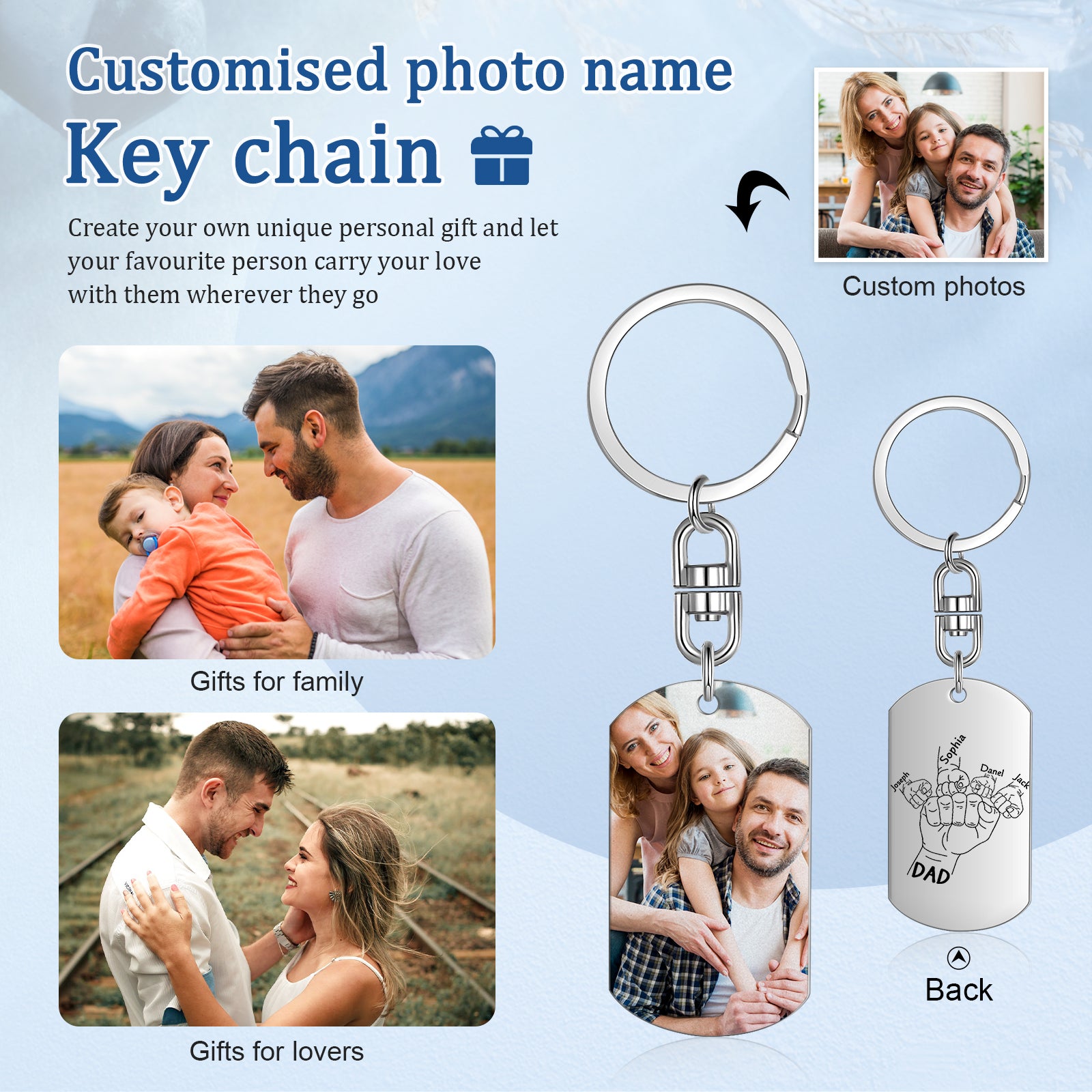 Dad Fist Bump Custom Photo, Made to Order, Personalized Key Chain Add up to 4 Names