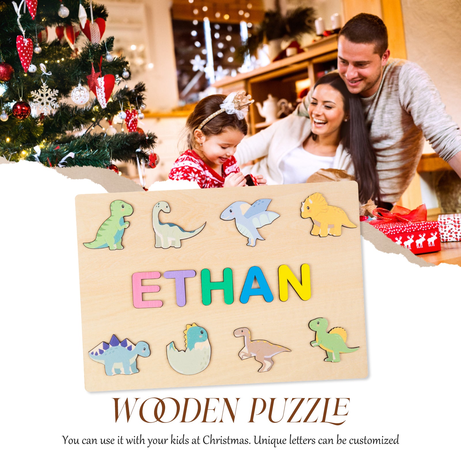 Custom Wooden Name Puzzle With 8 Dinosaurs