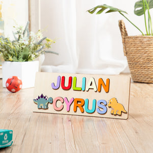 Custom Wooden Name Puzzle With 2 Baby Dinosaurs