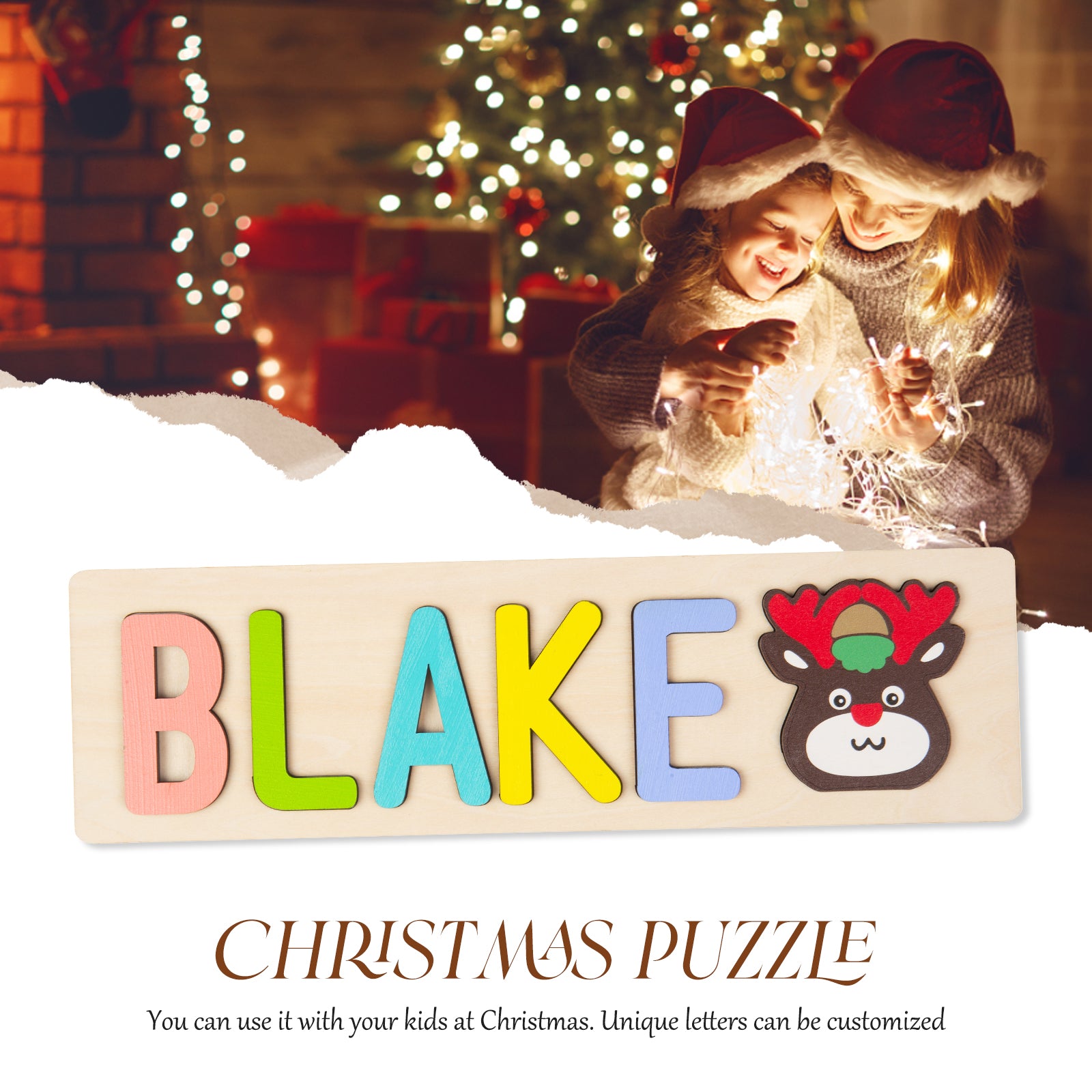 Holiday Custom Name Wooden Puzzle With a Holiday Reindeer