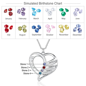 Personalized Birthstone Heart Shape Mother Necklace 5 names-5 stones