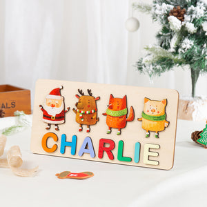 Custom Name Wooden Puzzle With Santa, Reindeer, Fox and Pig