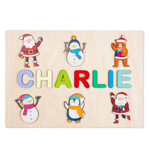 Holiday Custom Name Wooden Puzzle With 6 Waving Holiday Figures