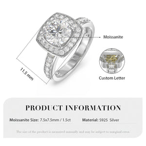 925 Sterling Silver Vintage Zirconia/ Moissanite Solitaire Cushion Halo Ring with Initials