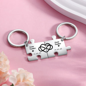 Custom Puzzle Engraved Infinity Heart Keychain, (SET)
