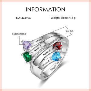 4 Birthstone Mother's Ring Passing Hearts Ribbon 4 Engraved Names and Personal Messages