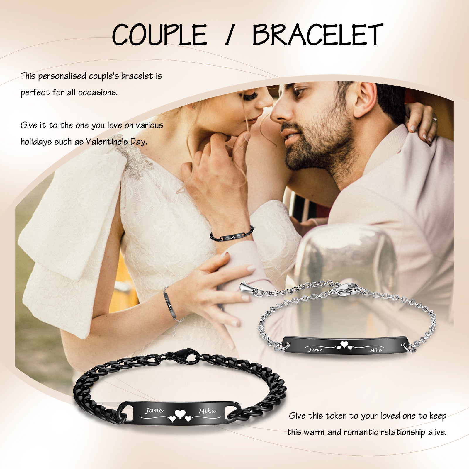 Personalized Chain Bracelet Black Matching Bracelet for Couples Custom